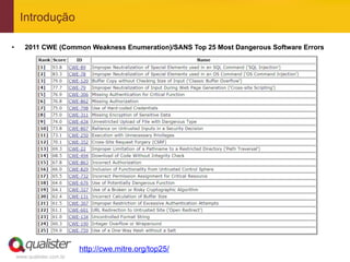 Introdução

•       2011 CWE (Common Weakness Enumeration)/SANS Top 25 Most Dangerous Software Errors




                            http://cwe.mitre.org/top25/
     www.qualister.com.br
 