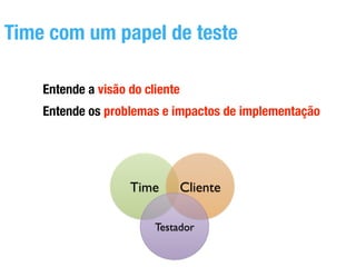 Time com um papel de teste 
Entende a visão do cliente 
Entende os problemas e impactos de implementação 
Time! Cliente! 
Testador! 
 