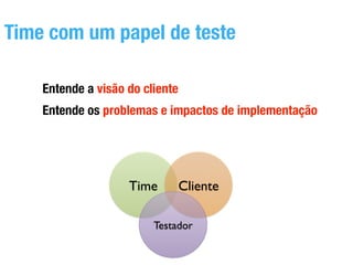 Time com um papel de teste 
Entende a visão do cliente 
Entende os problemas e impactos de implementação 
Time! Cliente! 
...