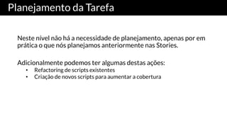 Planejamento da Tarefa
Neste nível não há a necessidade de planejamento, apenas por em
prática o que nós planejamos anteriormente nas Stories.
Adicionalmente podemos ter algumas destas ações:
• Refactoring de scripts existentes
• Criação de novos scripts para aumentar a cobertura
 