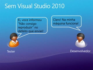 Tester Desenvolvedor
Ei, voce informou
“Não consigo
reproduzir” no
defeito que enviei!
Claro! Na minha
máquina funciona!
 