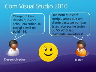 TesterDesenvolvedor
Que bom que você
corrigiu antes que um
cliente passasse por isso.
Esses recursos de testes
do VS 2010 são
realmente inovadores!
Obrigado! Esse
defeito que você
achou era crítico. Já
corrigi e está no
build 186.
 