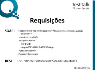 Respostas	
  
!
TestTalk	
  	
  
Florianópolis	
  
#testtalkfloripa
<soapenv:Envelope	
  xmlns:soapenv="http://schemas.xmlsoap.org/soap/
envelope/">	
  
	
  	
  	
  <soapenv:Header/>	
  
	
  	
  	
  <soapenv:Body>	
  
	
  	
  	
  	
  	
  	
  <id>1</id>	
  
	
  	
  	
  	
  	
  	
  <key>ABCF3654GHDAS9897</key>	
  
	
  	
  	
  </soapenv:Body>	
  
</soapenv:Envelope>	
  
!
{	
  "id":	
  “126",	
  “key”:202cb962ac59075b964b07152d234b70"	
  }	
  
SOAP:
REST:	
  
 