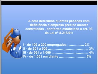 A cota determina quantas pessoas com
deficiência a empresa precisa manter
contratadas , conforme estabelece o art. 93
da Lei nº 8.213/91:
I - de 100 a 200 empregados .................. 2%
II - de 201 a 500 ............................................ 3%
III - de 501 a 1.000 ........................................ 4%
IV - de 1.001 em diante ............................. 5%
 