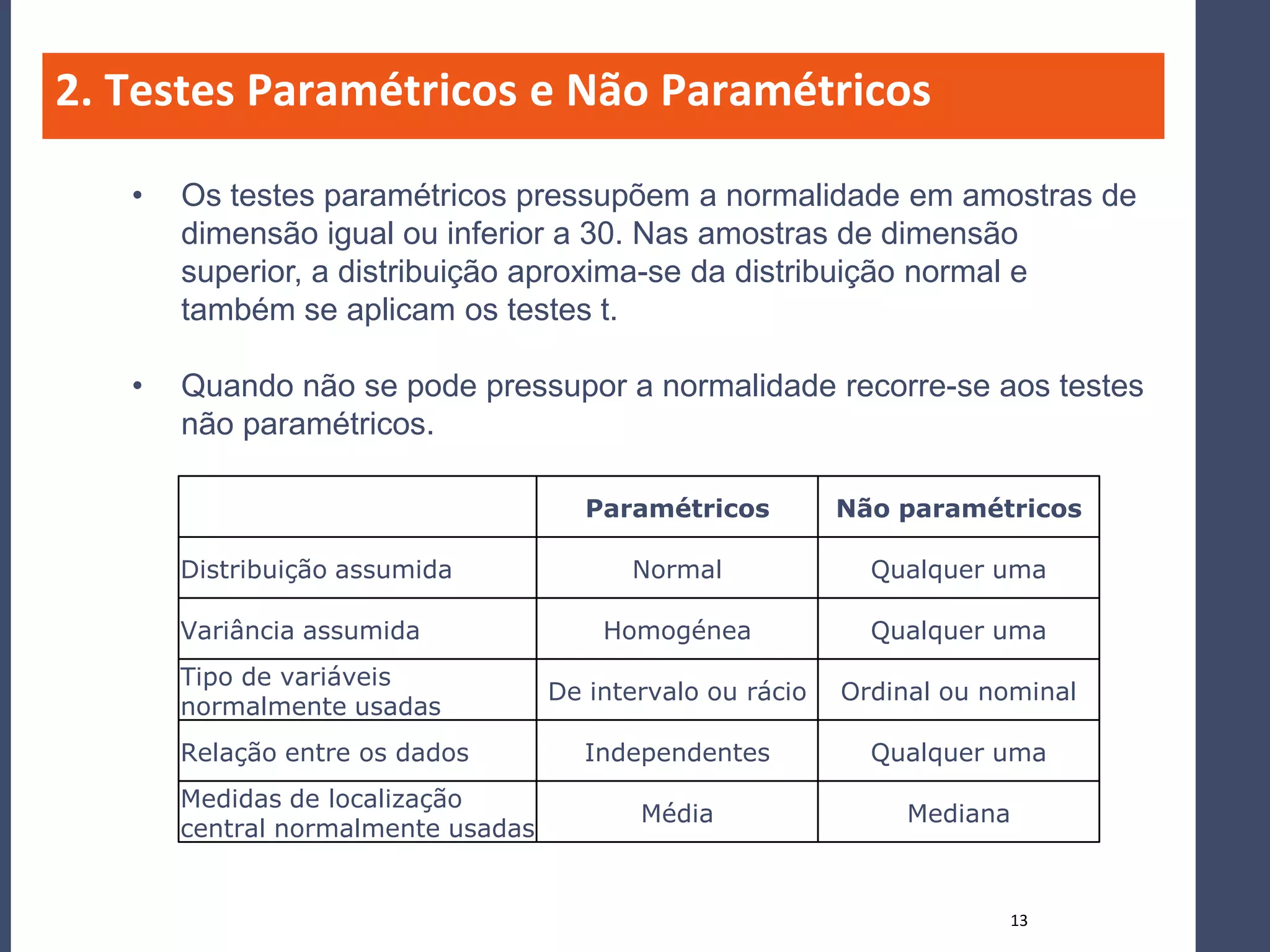 2. Testes Paramétricos e Não Paramétricos

   •   Os testes paramétricos pressupõem a normalidade em amostras de
       dimensão igual ou inferior a 30. Nas amostras de dimensão
       superior, a distribuição aproxima-se da distribuição normal e
       também se aplicam os testes t.

   •   Quando não se pode pressupor a normalidade recorre-se aos testes
       não paramétricos.

                                       Paramétricos         Não paramétricos

       Distribuição assumida              Normal              Qualquer uma

       Variância assumida               Homogénea             Qualquer uma
       Tipo de variáveis
                                    De intervalo ou rácio   Ordinal ou nominal
       normalmente usadas
       Relação entre os dados         Independentes           Qualquer uma
       Medidas de localização
                                           Média                 Mediana
       central normalmente usadas


                                                                        13
 
