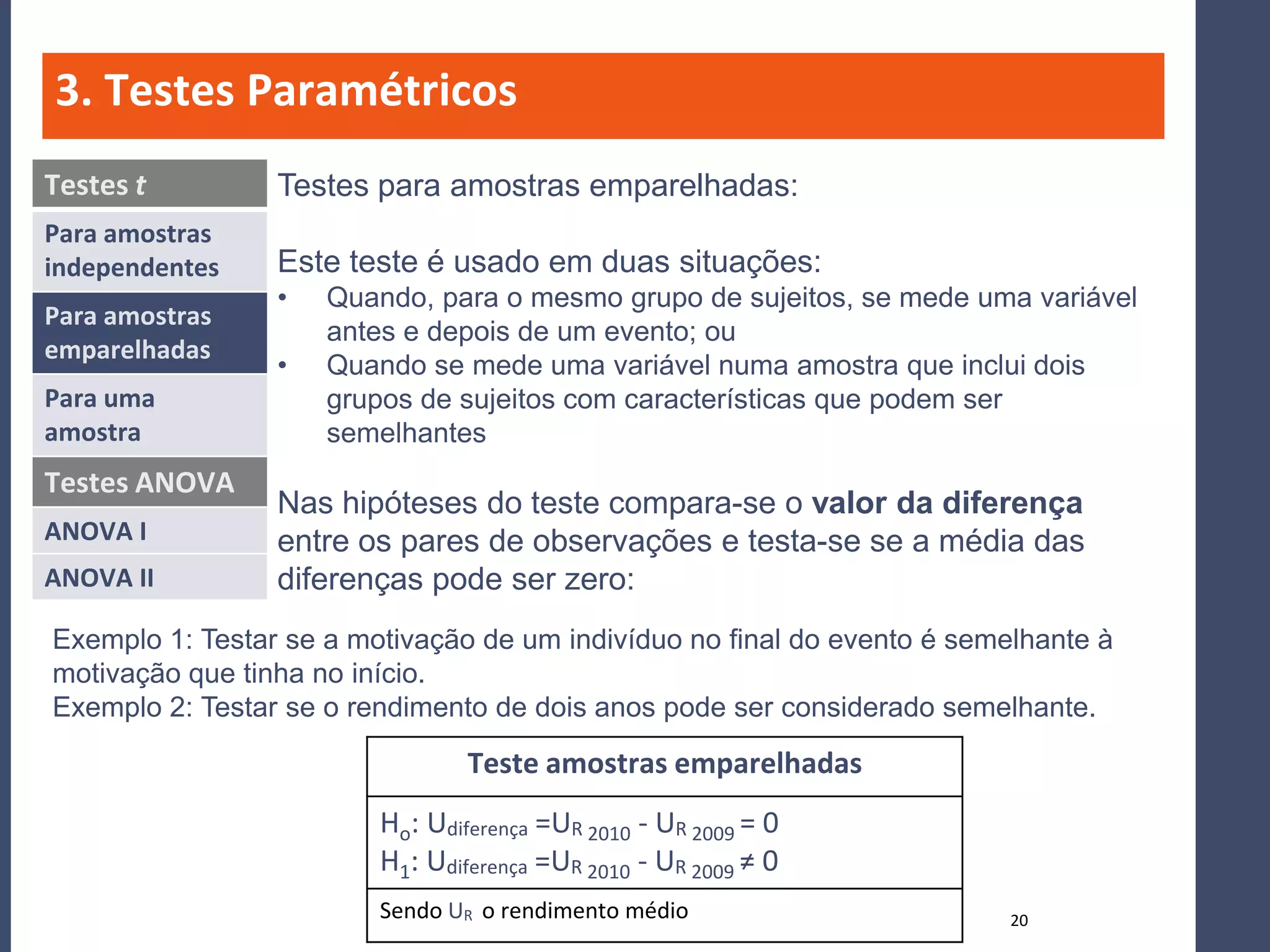 3. Testes Paramétricos
Testes t         Testes para amostras emparelhadas:
Para amostras
independentes    Este teste é usado em duas situações:
                 •   Quando, para o mesmo grupo de sujeitos, se mede uma variável
Para amostras
                     antes e depois de um evento; ou
emparelhadas
                 •   Quando se mede uma variável numa amostra que inclui dois
Para uma             grupos de sujeitos com características que podem ser
amostra              semelhantes
Testes ANOVA
                 Nas hipóteses do teste compara-se o valor da diferença
ANOVA I          entre os pares de observações e testa-se se a média das
ANOVA II         diferenças pode ser zero:
Exemplo 1: Testar se a motivação de um indivíduo no final do evento é semelhante à
motivação que tinha no início.
Exemplo 2: Testar se o rendimento de dois anos pode ser considerado semelhante.

                                 Teste amostras emparelhadas
                         Ho: Udiferença =UR 2010 - UR 2009 = 0
                         H1: Udiferença =UR 2010 - UR 2009 ≠ 0
                         Sendo UR o rendimento médio                      20
 