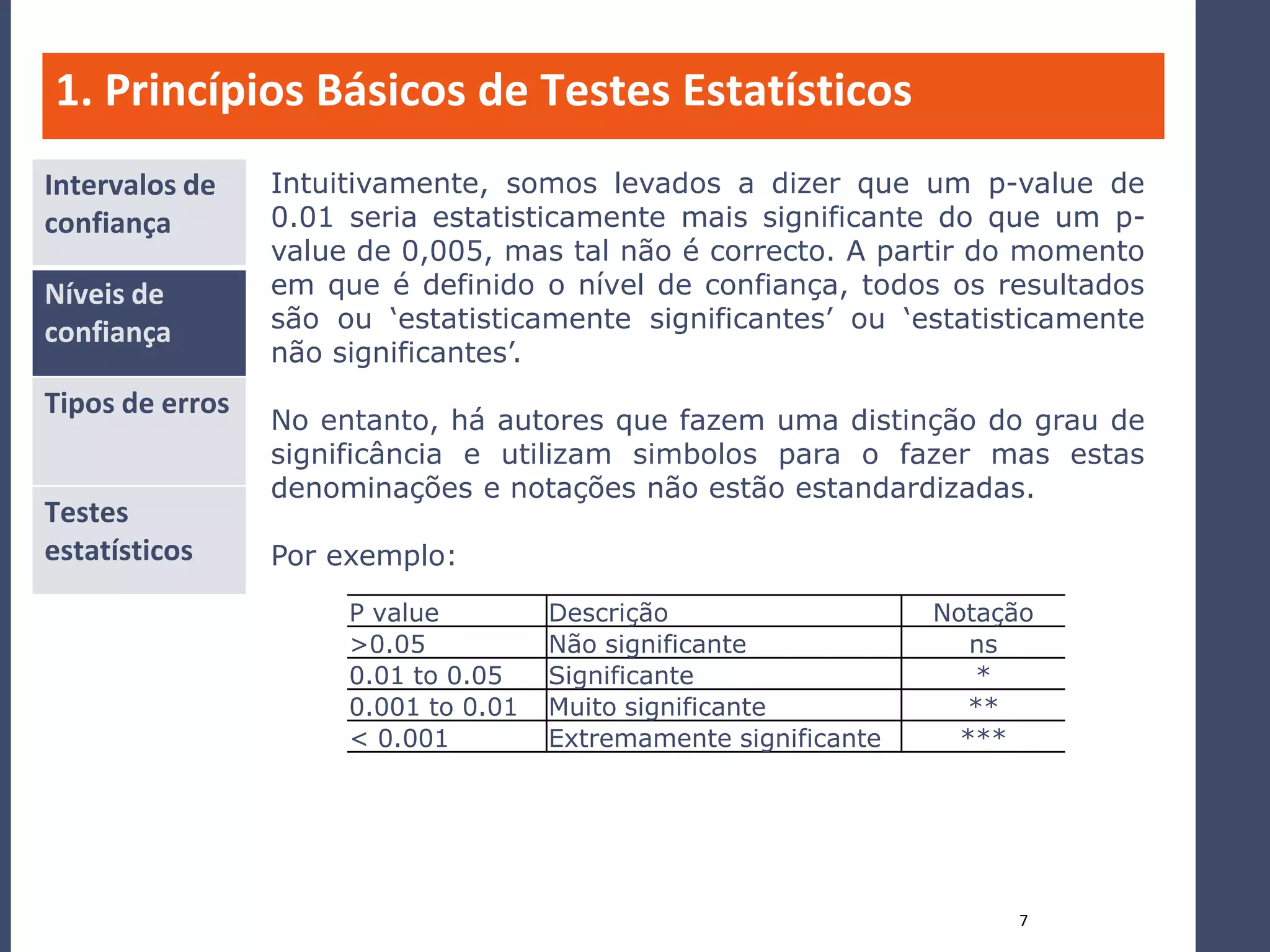 1. Princípios Básicos de Testes Estatísticos
Intervalos de    Intuitivamente, somos levados a dizer que um p-value de
confiança        0.01 seria estatisticamente mais significante do que um p-
                 value de 0,005, mas tal não é correcto. A partir do momento
Níveis de        em que é definido o nível de confiança, todos os resultados
confiança        são ou ‘estatisticamente significantes’ ou ‘estatisticamente
                 não significantes’.
Tipos de erros
                 No entanto, há autores que fazem uma distinção do grau de
                 significância e utilizam simbolos para o fazer mas estas
                 denominações e notações não estão estandardizadas.
Testes
estatísticos     Por exemplo:
                      P value         Descrição                   Notação
                      >0.05           Não significante               ns
                      0.01 to 0.05    Significante                   *
                      0.001 to 0.01   Muito significante            **
                      < 0.001         Extremamente significante     ***




                                                                       7
 