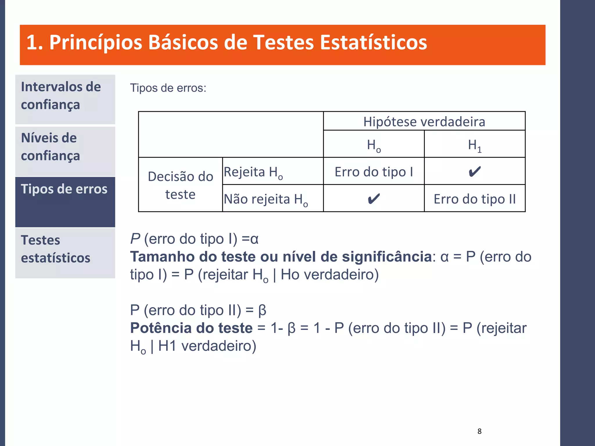 1. Princípios Básicos de Testes Estatísticos
Intervalos de    Tipos de erros:
confiança
                                                      Hipótese verdadeira
Níveis de                                              Ho               H1
confiança
                    Decisão do Rejeita Ho        Erro do tipo I         ✔
Tipos de erros        teste    Não rejeita Ho          ✔          Erro do tipo II

Testes           P (erro do tipo I) =α
estatísticos     Tamanho do teste ou nível de significância: α = P (erro do
                 tipo I) = P (rejeitar Ho | Ho verdadeiro)

                 P (erro do tipo II) = β
                 Potência do teste = 1- β = 1 - P (erro do tipo II) = P (rejeitar
                 Ho | H1 verdadeiro)




                                                                         8
 