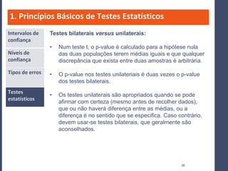 1. Princípios Básicos de Testes Estatísticos
Intervalos de    Testes bilaterais versus unilaterais:
confiança
                 •   Num teste t, o p-value é calculado para a hipótese nula
Níveis de            das duas populações terem médias iguais e que qualquer
confiança            discrepância que exista entre duas amostras é arbitrária.

Tipos de erros   •   O p-value nos testes unilateriais é duas vezes o p-value
                     dos testes bilaterais.
Testes
                 •   Os testes unilaterais são apropriados quando se pode
estatísticos
                     afirmar com certeza (mesmo antes de recolher dados),
                     que ou não haverá diferença entre as médias, ou a
                     diferença é no sentido que se especifica. Caso contrário,
                     devem usar-se testes bilaterais, que geralmente são
                     aconselhados.




                                                                     10
 