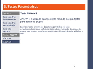 3. Testes Paramétricos
Testes t        Teste ANOVA II
Para amostras
independentes   ANOVA II é utilizado quando existe mais do que um factor
Para amostras
                para definir os grupos.
emparelhadas
                Exemplo: Testar a motivação dos alunos por idade e por sexo
Para uma        A hipótese nula será que o efeito da idade sobre a motivação dos alunos é o
amostra         mesmo para homens e mulheres, ou seja, não há interacção entre a idade e o
                sexo.
Testes ANOVA
ANOVA I
ANOVA II




                                                                                23
 
