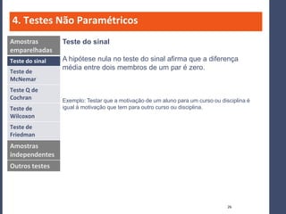 4. Testes Não Paramétricos
Amostras         Teste do sinal
emparelhadas
Teste do sinal   A hipótese nula no teste do sinal afirma que a diferença
                 média entre dois membros de um par é zero.
Teste de
McNemar
Teste Q de
Cochran          Exemplo: Testar que a motivação de um aluno para um curso ou disciplina é
Teste de         igual à motivação que tem para outro curso ou disciplina.
Wilcoxon
Teste de
Friedman
Amostras
independentes
Outros testes




                                                                                 26
 