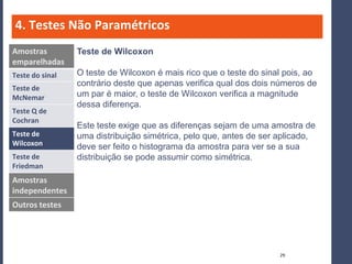 4. Testes Não Paramétricos
Amostras         Teste de Wilcoxon
emparelhadas
Teste do sinal   O teste de Wilcoxon é mais rico que o teste do sinal pois, ao
                 contrário deste que apenas verifica qual dos dois números de
Teste de
McNemar          um par é maior, o teste de Wilcoxon verifica a magnitude
                 dessa diferença.
Teste Q de
Cochran
                 Este teste exige que as diferenças sejam de uma amostra de
Teste de         uma distribuição simétrica, pelo que, antes de ser aplicado,
Wilcoxon         deve ser feito o histograma da amostra para ver se a sua
Teste de         distribuição se pode assumir como simétrica.
Friedman
Amostras
independentes
Outros testes




                                                                    29
 