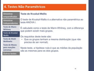 4. Testes Não Paramétricos
Amostras            Teste de Kruskal-Wallis
emparelhadas
Amostras            O teste de Kruskal-Wallis é a alternativa não paramétrica ao
independentes       teste ANOVA I.
Teste de Mann-
                    É calculado como o teste de Mann-Whitney, com a diferença
Whitney
                    que podem existir mais grupos.
Teste de Kruskal-
Wallis
                    Os requisitos deste teste são:
Teste de Wald-      • Que os grupos tenham a mesma distribuição (que não
Wolfowitz              precisa de ser normal);
Teste de Moses
para reacções       Neste teste, a hipótese nula é que as médias da população
extremas            são as mesmas para os dois grupos.
Outros testes




                                                                        33
 