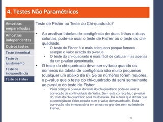 4. Testes Não Paramétricos
Amostras          Teste de Fisher ou Teste do Chi-quadrado?
emparelhadas
Amostras          •   Ao analisar tabelas de contigência de duas linhas e duas
independentes         colunas, pode-se usar o teste de Fisher ou o teste do chi-
                      quadrado.
Outros testes          •   O teste de Fisher é o mais adequado porque fornece
Teste binominal            sempre o valor exacto do p-value.
                       •   O teste do chi-quadrado é mais fácil de calcular mas apenas
Teste de
                           dá um p-value aproximado.
ajustamento
                  •   O teste do chi-quadrado deve ser evitado quando os
Teste de              números na tabela de contigência são muito pequenos
independência
                      (qualquer um abaixo de 6). Se os números forem maiores,
Teste de Fisher       o p-value que o teste do chi-quadrado dá será semelhante
                      ao p-value do teste de Fisher.
                       •   Para corrigir o p-value do teste do chi-quadrado pode-se usar a
                           correcção de continuidade de Yates. Sem esta correcção, o p-value
                           do teste do chi-quadrado será muito baixo. Há autoes que dizem que
                           a correcção de Yates resulta num p-value demasiado alto. Esta
                           correcção não é necessária em amostras grandes nem no teste de
                           Fisher.

                                                                                 41
 