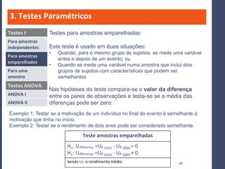 3. Testes Paramétricos
Testes t         Testes para amostras emparelhadas:
Para amostras
independentes    Este teste é usa...