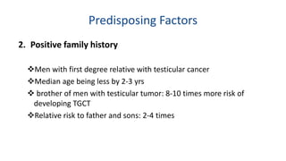 Predisposing Factors 
2. Positive family history 
Men with first degree relative with testicular cancer 
Median age being less by 2-3 yrs 
 brother of men with testicular tumor: 8-10 times more risk of 
developing TGCT 
Relative risk to father and sons: 2-4 times 
 