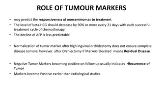 ROLE OF TUMOUR MARKERS 
• may predict the responsiveness of nonseminomas to treatment 
• The level of beta-HCG should decrease by 90% or more every 21 days with each successful 
treatment cycle of chemotherapy. 
• The decline of AFP is less predictable 
• Normalization of tumor marker after high inguinal orchidectomy does not ensure complete 
disease removal however after Orchiectomy if Markers Elevated means Residual Disease 
• Negative Tumor Markers becoming positive on follow up usually indicates -Recurrence of 
Tumor 
• Markers become Positive earlier than radiological studies 
 