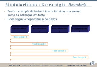 Todos os scripts de testes iniciar e terminam no mesmo ponto da aplicação em teste Pode seguir a dependência de dados Modularidade: Estratégia  Roundtrip  Test Script 1 Test Script 2 Test Script 3 Test Script 4 Funcionalidade 1 Funcionalidade 2 Funcionalidade 3 Funcionalidade   4 