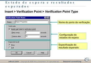 Estado de espera e resultados esperados Nome do ponto de verificação Configuração do estados de espera Insert > Verification Point >  Verification Point Type Especificação do resultado esperado 