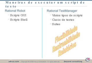 Maneiras de executar um script de teste Rational Robot Scripts GUI  Scripts Shell Rational TestManager Vários tipos de scripts  Casos de testes Suítes Flexibilidade Rastreabilidade Relatórios 