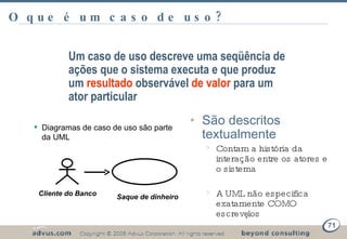 O que é um caso de uso? São descritos textualmente Contam a história da interação entre os atores e o sistema A UML não especifica exatamente COMO escrevê-los Saque de dinheiro Cliente do Banco Diagramas de caso de uso são parte da UML Um caso de uso descreve uma seqüência de ações que o sistema executa e que produz um  resultado  observável  de valor  para um ator particular 