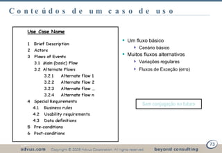 Conteúdos de um caso de uso Um fluxo básico Cenário básico Muitos fluxos alternativos Variações regulares Fluxos de Exceção (erro) Sem conjugação no futuro 