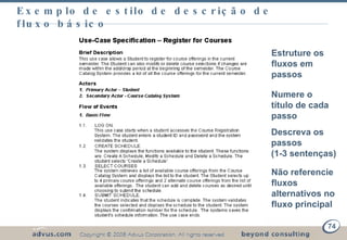 Exemplo de estilo de descrição de fluxo básico Estruture os fluxos em passos Numere o título de cada passo Descreva os passos  (1-3 sentenças) Não referencie fluxos alternativos no fluxo principal 