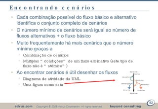 Encontrando cenários Cada combinação possível do fluxo básico e alternativo identifica o conjunto completo de cenários O número mínimo de cenários será igual ao número de fluxos alternativos + o fluxo básico Muito frequentemente há mais cenários que o número mínimo graças a Combinação de cenários Múltiplas “condições” de um fluxo alternativo (este tipo de fluxo não é “atômico”) Ao encontrar cenários é útil desenhar os fluxos Diagrama de atividade da UML Uma figura como esta 