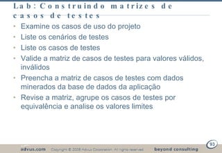 Lab: Construindo matrizes de casos de testes Examine os casos de uso do projeto Liste os cenários de testes Liste os casos de testes Valide a matriz de casos de testes para valores válidos, inválidos Preencha a matriz de casos de testes com dados minerados da base de dados da aplicação Revise a matriz, agrupe os casos de testes por equivalência e analise os valores limites 