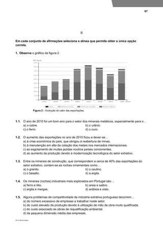 67
DP10 ©Porto Editora
II
Em cada conjunto de afirmações seleciona a alínea que permite obter a única opção
correta.
1. Observa o gráfico da figura 2.
Figura 2 – Evolução do valor das exportações.
1.1. O ano de 2010 foi um bom ano para o setor dos minerais metálicos, especialmente para o…
a) o cobre. b) o urânio.
c) o ferro. d) o ouro.
1.2. O aumento das exportações no ano de 2010 ficou a dever-se…
a) à crise económica do país, que obrigou à reabertura de minas.
b) à manutenção em alta da cotação dos metais nos mercados internacionais.
c) ao esgotamento de muitas jazidas noutros países concorrentes.
d) ao aumento da produção devido à modernização tecnológica do setor extrativo.
1.3. Entre os minerais de construção, que correspondem a cerca de 40% das exportações do
setor extrativo, contam-se as rochas ornamentais como…
a) o granito. b) o caulino.
c) o basalto. d) a argila.
1.4. Os minerais (rochas) industriais mais explorados em Portugal são…
a) ferro e lítio. b) areia e saibro.
c) argila e margas. d) ardósia e xisto.
1.5. Alguns problemas de competitividade da indústria extrativa portuguesa decorrem…
a) do número excessivo de empresas a trabalhar neste setor.
b) do custo elevado de produção devido à utilização de mão de obra muito qualificada.
c) do custo associado às obras de requalificação ambiental.
d) da pequena dimensão média das empresas.
 