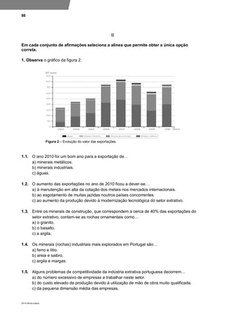 86
DP10 ©Porto Editora
II
Em cada conjunto de afirmações seleciona a alínea que permite obter a única opção
correta.
1. Observa o gráfico da figura 2.
Figura 2 – Evolução do valor das exportações.
1.1. O ano 2010 foi um bom ano para a exportação de…
a) minerais metálicos.
b) minerais industriais.
c) águas.
1.2. O aumento das exportações no ano de 2010 ficou a dever-se…
a) à manutenção em alta da cotação dos metais nos mercados internacionais.
b) ao esgotamento de muitas jazidas noutros países concorrentes.
c) ao aumento da produção devido à modernização tecnológica do setor extrativo.
1.3. Entre os minerais de construção, que correspondem a cerca de 40% das exportações do
setor extrativo, contam-se as rochas ornamentais como…
a) o granito.
b) o basalto.
c) a argila.
1.4. Os minerais (rochas) industriais mais explorados em Portugal são…
a) ferro e lítio.
b) areia e saibro.
c) argila e margas.
1.5. Alguns problemas de competitividade da indústria extrativa portuguesa decorrem…
a) do número excessivo de empresas a trabalhar neste setor.
b) do custo elevado de produção devido à utilização de mão de obra muito qualificada.
c) da pequena dimensão média das empresas.
 