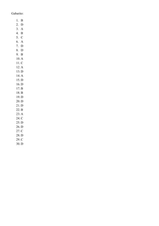 Gabarito:
1. B
2. D
3. A
4. B
5. C
6. A
7. D
8. D
9. B
10. A
11. C
12. A
13. D
14. A
15. D
16. D
17. B
18. B
19. D
20. D
21. D
22. B
23. A
24. C
25. D
26. D
27. C
28. D
29. C
30. D

 