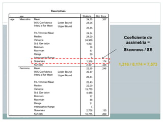 Descriptives

          sex                                               St at ist ic   St d. Error
  age     Masculino   Mean                                      24,75            ,357
                      95% Conf idence        Lower Bound   13 24,05
                      Interv al f or Mean    Upper Bound
                                                                 25,45

                      5% Trimmed Mean                            24,34
                      Median                                     24,00
                      Variance
                                                                                           Coeficiente de
                                                                24,968
                      St d. Dev iation                           4,997                      assimetria =
                      Minimum                                       18
                      Maximum                                       47                     Skewness / SE
                      Range                                         29
                      Interquart ile Range                           6
                      Skewness                                   1,316           ,174
                      Kurt osis                                  2,301           ,346    1,316 / 0,174 = 7,573
          Feminino    Mean                                       22,95           ,246
                      95% Conf idence        Lower Bound         22,47
                      Interv al f or Mean    Upper Bound
                                                                 23,44

                      5% Trimmed Mean                            22,43
                      Median                                     22,00
                      Variance                                  19,770
                      St d. Dev iation                           4,446
                      Minimum                                       17
                      Maximum                                       48
                      Range                                         31
                      Interquart ile Range                           4
                      Skewness                                   2,708           ,135
                      Kurt osis                                 10,715           ,269
Célia Sales - UAL
 