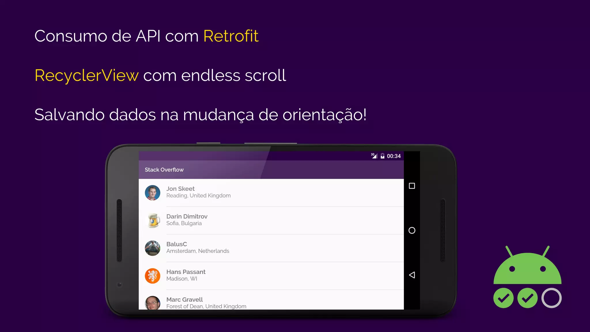 Consumo de API com Retrofit
RecyclerView com endless scroll
Salvando dados na mudança de orientação!
 