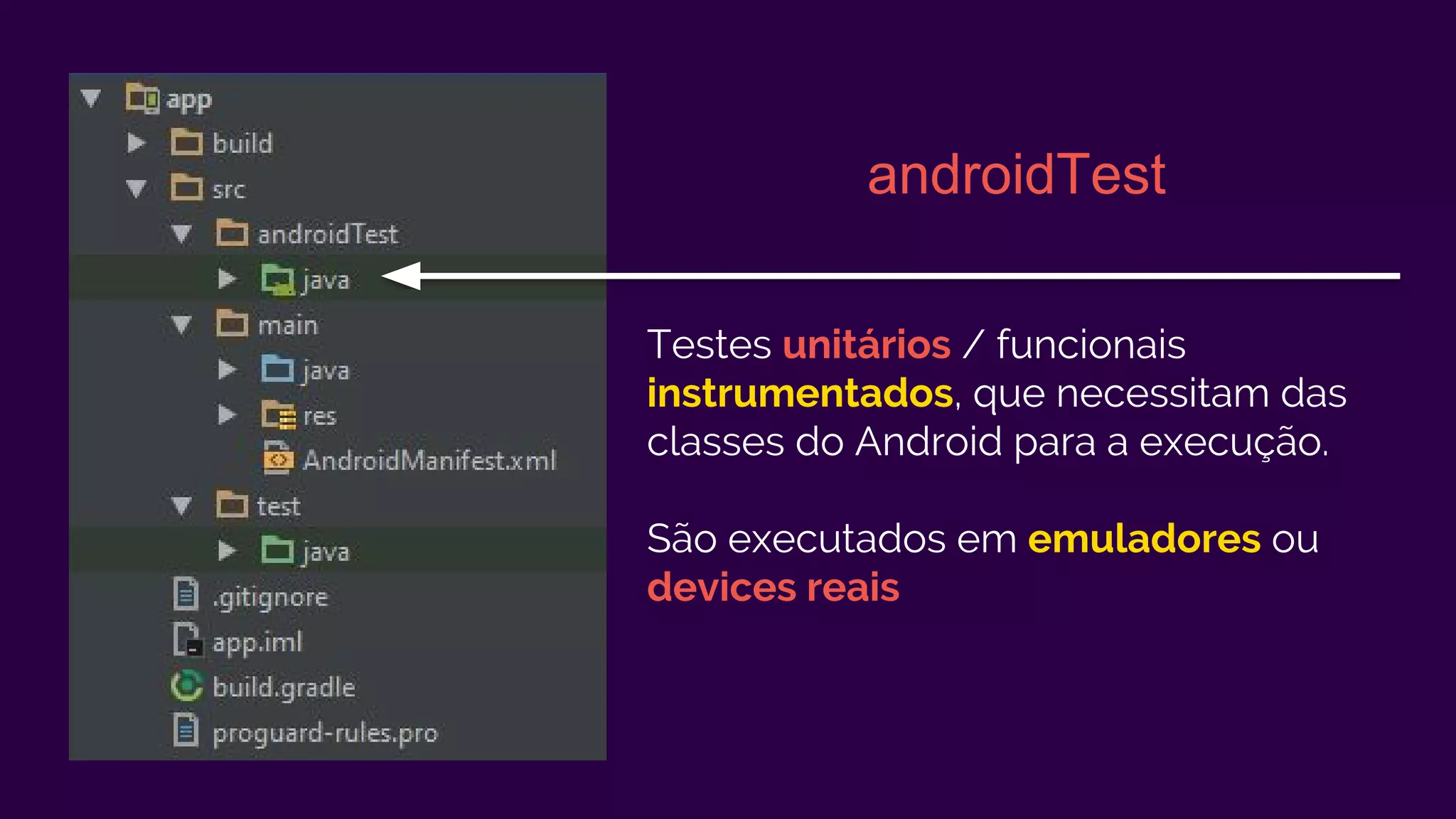 Testes unitários / funcionais
instrumentados, que necessitam das
classes do Android para a execução.
São executados em emuladores ou
devices reais
androidTest
 