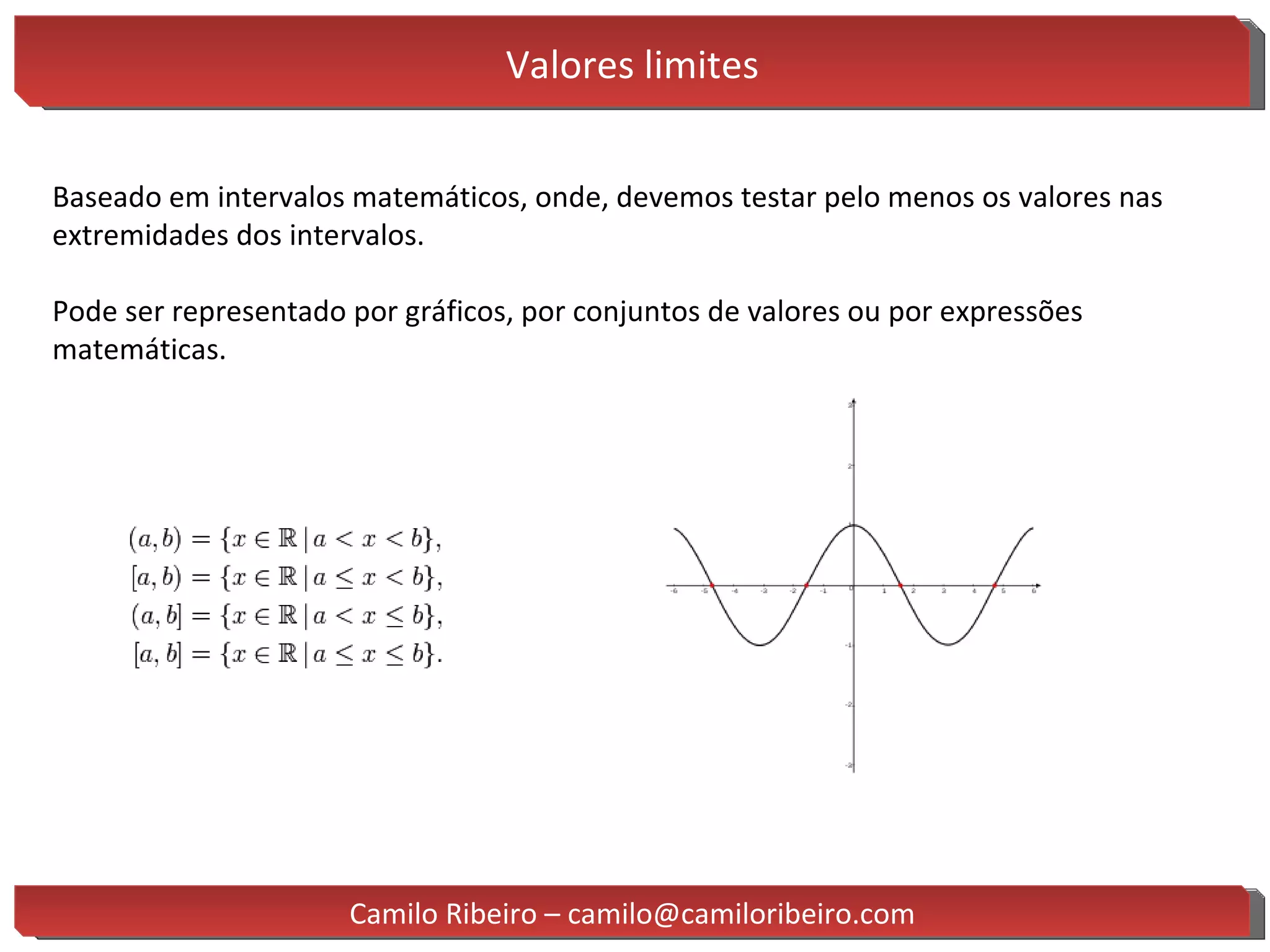 Valores limites Baseado em intervalos matemáticos, onde, devemos testar pelo menos os valores nas extremidades dos intervalos. Pode ser representado por gráficos, por conjuntos de valores ou por expressões matemáticas. Camilo Ribeiro – camilo@camiloribeiro.com 