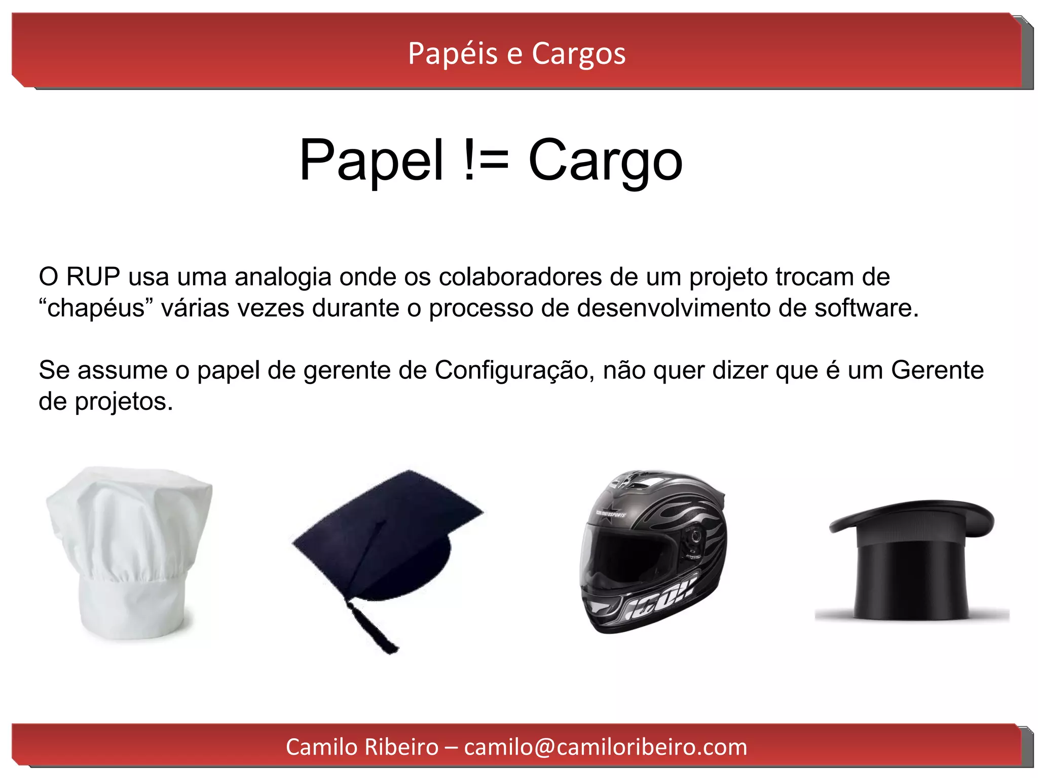 Papéis e Cargos Papel != Cargo O RUP usa uma analogia onde os colaboradores de um projeto trocam de “chapéus” várias vezes durante o processo de desenvolvimento de software. Se assume o papel de gerente de Configuração, não quer dizer que é um Gerente de projetos. Camilo Ribeiro – camilo@camiloribeiro.com 