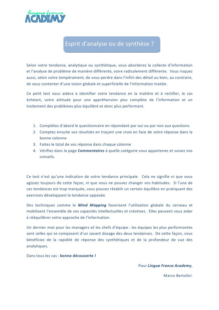 Test Esprit Danalyse Ou De SynthèSe Document En FrançAis