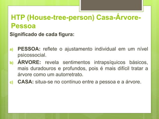 HTP (House-tree-person) Casa-Árvore-
Pessoa
Significado de cada figura:
a) PESSOA: reflete o ajustamento individual em um nível
psicossocial.
b) ÁRVORE: revela sentimentos intrapsíquicos básicos,
mais duradouros e profundos, pois é mais difícil tratar a
árvore como um autorretrato.
c) CASA: situa-se no contínuo entre a pessoa e a árvore.
 