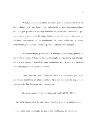 13




           A função do ajustamento continua global e desenvolve-se em

dois planos. Por um lado, está submetido a uma intencionalidade

práxica que permite à criança resolver os problemas motores e, por

outro lado, a expressão do corpo traduz as experiências emocionais e

afetivas   conscientes      e   inconscientes.      O      jogo   simbólico   é     muito

importante, pois assim a criança pode satisfazer seus desejos.



           Na estruturação perceptiva, a percepção de espaço precede a

do próprio corpo. A função de interiorização vai permitir sua atenção

para o seu corpo e descobrir suas características. Começa o período

de estruturação do esquema corporal.



           Este   período       pré   -   escolar   está    caracterizado     por    dois

processos paralelos no plano afetivo: 1) a estruturação do espaço; 2)

a percepção das diversas partes do corpo.



           São características dessa faixa etária (PIAGET, 1975):



• Controle progressivo de suas necessidades, desejos e sentimentos.



• Iniciativa para resolução de pequenos problemas do cotidiano.
 
