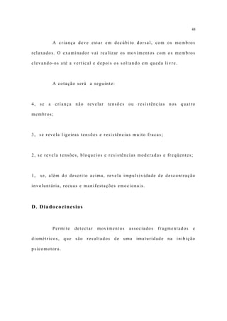 48


          A criança deve estar em decúbito dorsal, com os membros

relaxados. O examinador vai realizar os movimentos com os membros

elevando-os até a vertical e depois os soltando em queda livre.



          A cotação será a seguinte:



4, se a criança não revelar tensões ou resistências nos quatro

membros;



3, se revela ligeiras tensões e resistências muito fracas;



2, se revela tensões, bloqueios e resistências moderadas e freqüentes;



1,   se, além do descrito acima, revela impulsividade de descontração

involuntária, recuas e manifestações emocionais.



D. Diadococinesias



          Permite   detectar   movimentos   associados   fragmentados    e

dismétricos, que são resultados de uma imaturidade na inibição

psicomotora.
 