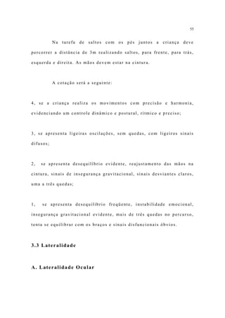 55


           Na tarefa de saltos com os pés juntos a criança deve

percorrer a distância de 3m realizando saltos, para frente, para trás,

esquerda e direita. As mãos devem estar na cintura.



           A cotação será a seguinte:



4, se a criança realiza os movimentos com precisão e harmonia,

evidenciando um controle dinâmico e postural, rítmico e preciso;



3, se apresenta ligeiras oscilações, sem quedas, com ligeiros sinais

difusos;



2,   se apresenta desequilíbrio evidente, reajustamento das mãos na

cintura, sinais de insegurança gravitacional, sinais desviantes claros,

uma a três quedas;



1,   se apresenta desequilíbrio freqüente, instabilidade emocional,

insegurança gravitacional evidente, mais de três quedas no percurso,

tenta se equilibrar com os braços e sinais disfuncionais óbvios.



3.3 Lateralidade



A. Lateralidade Ocular
 