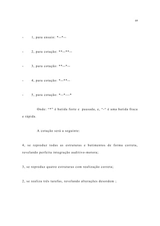 69




-    1, para ensaio: *--*--



-    2, para cotação: **--**--



-    3, para cotação: **--*--



-    4, para cotação: *--**--



-    5, para cotação: *--*---*



            Onde: “*” é batida forte e pausada, e, “-“ é uma batida fraca

e rápida.



            A cotação será a seguinte:



4, se reproduz todas as estruturas e batimentos de forma correta,

revelando perfeita integração auditivo-motora;



3, se reproduz quatro estruturas com realização correta;



2, se realiza três tarefas, revelando alterações desordem ;
 