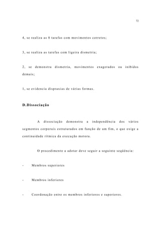 72




4, se realiza as 8 tarefas com movimentos corretos;



3, se realiza as tarefas com ligeira dismetria;



2,   se    demonstra   dismetria,   movimentos    exagerados   ou    inibidos

demais;



1, se evidencia dispraxias de várias formas.




D.Dissociação



             A   dissociação   demonstra   a   independência   dos     vários

segmentos corporais estruturados em função de um fim, o que exige a

continuidade rítmica da execução motora.



             O procedimento a adotar deve seguir a seguinte seqüência:



-         Membros superiores



-         Membros inferiores



-         Coordenação entre os membros inferiores e superiores.
 