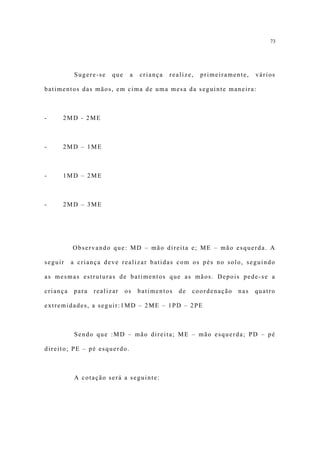 73




          Sugere-se    que    a   criança   realize,   primeiramente,   vários

batimentos das mãos, em cima de uma mesa da seguinte maneira:



-    2MD - 2ME



-    2MD – 1ME



-    1MD – 2ME



-    2MD – 3ME




          Observando que: MD – mão direita e; ME – mão esquerda. A

seguir    a criança deve realizar batidas com os pés no solo, seguindo

as mesmas estruturas de batimentos que as mãos. Depois pede-se a

criança   para   realizar    os   batimentos   de   coordenação   nas   quatro

extremidades, a seguir:1MD – 2ME – 1PD – 2PE



           Sendo que :MD – mão direita; ME – mão esquerda; PD – pé

direito; PE – pé esquerdo.



           A cotação será a seguinte:
 