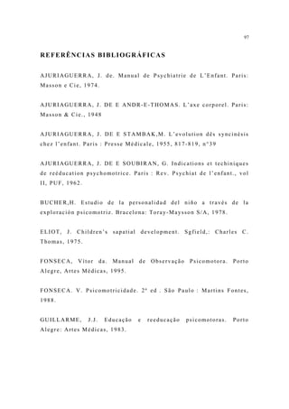97


REFERÊNCIAS BIBLIOGRÁFICAS


AJURIAGUERRA, J. de. Manual de Psychiatrie de L’Enfant. Paris:
Masson e Cie, 1974.


AJURIAGUERRA, J. DE E ANDR-E-THOMAS. L’axe corporel. Paris:
Masson & Cie., 1948


AJURIAGUERRA, J. DE E STAMBAK,M. L’evolution dês syncinésis
chez l’enfant. Paris : Presse Médicale, 1955, 817-819, n°39


AJURIAGUERRA, J. DE E SOUBIRAN, G. Indications et techiniques
de reéducation psychomotrice. Paris : Rev. Psychiat de l’enfant., vol
II, PUF, 1962.


BUCHER,H. Estudio de la personalidad del niño a través de la
exploración psicomotriz. Bracelona: Toray-Maysson S/A, 1978.


ELIOT, J. Children’s sapatial development. Sgfield,: Charles C.
Thomas, 1975.


FONSECA,    Vítor       da.   Manual   de    Observação    Psicomotora.   Porto
Alegre, Artes Médicas, 1995.


FONSECA. V. Psicomotricidade. 2ª ed . São Paulo : Martins Fontes,
1988.


GUILLARME,       J.J.     Educação     e    reeducação    psicomotoras.   Porto
Alegre: Artes Médicas, 1983.
 