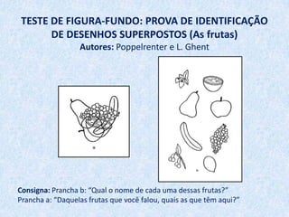 TESTE DE FIGURA-FUNDO: PROVA DE IDENTIFICAÇÃO
       DE DESENHOS SUPERPOSTOS (As frutas)
                  Autores: Poppelrenter e L. Ghent




Consigna: Prancha b: “Qual o nome de cada uma dessas frutas?”
Prancha a: “Daquelas frutas que você falou, quais as que têm aqui?”
 