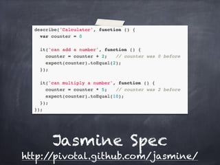 Jasmine Spec
http://pivotal.github.com/jasmine/
 