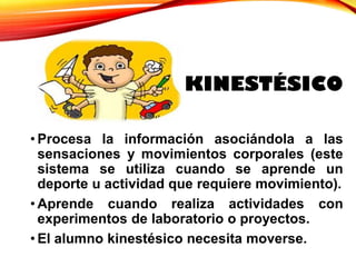 KINESTÉSICO
• Procesa la información asociándola a las
sensaciones y movimientos corporales (este
sistema se utiliza cuando se aprende un
deporte u actividad que requiere movimiento).
• Aprende cuando realiza actividades con
experimentos de laboratorio o proyectos.
• El alumno kinestésico necesita moverse.
 