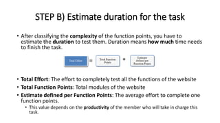 STEP B) Estimate duration for the task
• After classifying the complexity of the function points, you have to
estimate the duration to test them. Duration means how much time needs
to finish the task.
• Total Effort: The effort to completely test all the functions of the website
• Total Function Points: Total modules of the website
• Estimate defined per Function Points: The average effort to complete one
function points.
• This value depends on the productivity of the member who will take in charge this
task.
 